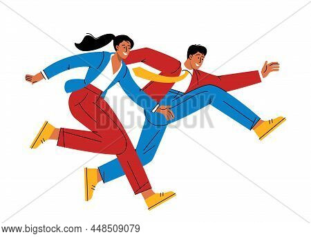 Career And Business Chalenge Vector Concept. Male And Female Characters Runner Race. Competition Bet