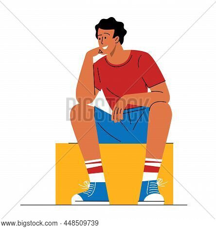 Young Athlete Sitting On Benches, Relaxing After Training In Gym. Flat Cartoon Vector Illustration.