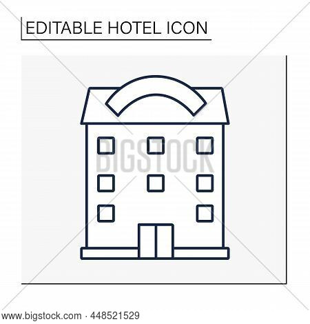 Hotel Line Icon. Lodging To Travelers Or Permanent Residents With Restaurants, Meeting Rooms, Stores