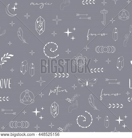 Boho Witch And Magic Pattern With Hand, Crystal And Symbols