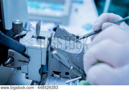 Laboratory Assistant Works On A Rotary Microtome Section And Making Microscope Slides