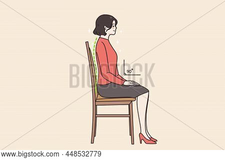 Young Woman Sit On Chair In Correct Position Think Of Back. Female Employee Right Sedentary Pose At 