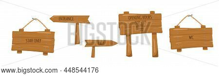 Wooden Sign Board Set With Texture In Cartoon Style. Opening Hours, Attention, Entrance, Exit. Vecto