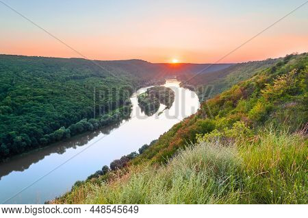 Picturesque Sunset Over The River. View From The Height Of The Canyon On The Yin Yang Islands On The