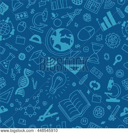 Online Education Hand Drawn Seamless Web Banner. E-learning Doodles Pattern On Blue Background. Vect