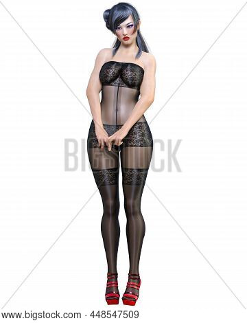 3d Render Beautiful Sexy Japanese Girl Black Bodystocking.curves Shape Girl.woman Studio Photography
