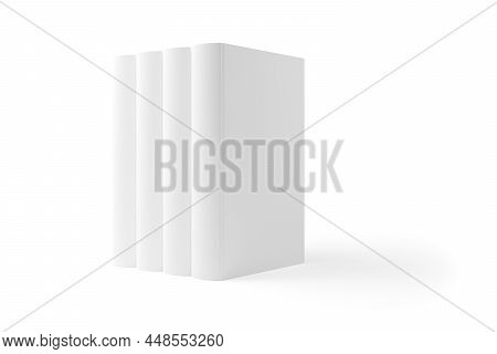 Four White Blank Hardcover Book Templates Or Mock Ups Standing On White Background With Copy Space A