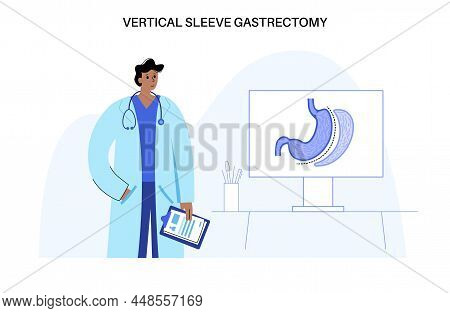 Vertical Sleeve Gastrectomy. Consultation With Doctor In Clinic. Stomach Surgery, Weight Loss Gastri