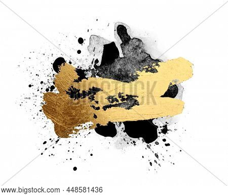 Blackand Gold Abstract color smear acrylic and watercolor blot spray painting. Canvas texture stain background. Isolated on white.