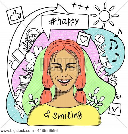 Happy And Smiling Creative Conceptual Modern Hand Drawn Doodle Portrait