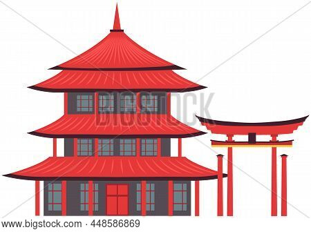 Asian Or Chinese Building Or Temple In Traditional Style Isolated On White Background. Traditional A