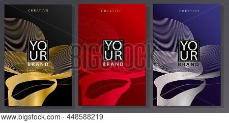 Luxury Gold Brochure Set. Calla Flower With Guilloche Curved Lines. Abstract And Multidimensional Fl
