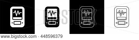 Set Seismograph Icon Isolated On Black And White Background. Earthquake Analog Seismograph. Vector