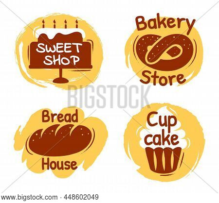 Bakery Lettering Logo, Sweet Shop, Bread House Labels. Bakery Store Logotype With Pretzel. Cupcake S