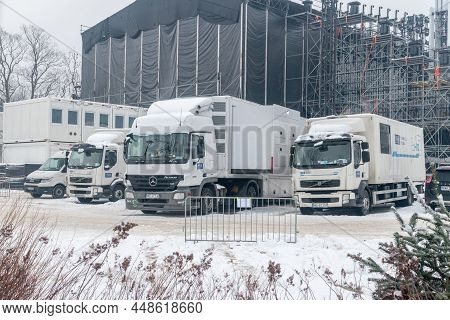 Zakopane, Poland - December 29, 2021: Tvp Tv Trucks With Special Equipment For Direct Transmission O