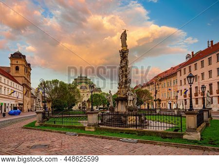 Stunning View Of Main Square In Kosice With Sculpture Immaculata - Plague Column, Old Buildings And 