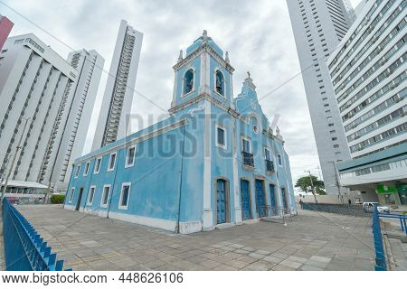 Recife, Pe, Brazil - October 14, 2021: Nossa Senhora Da Boa Viagem Parish, Blue And White Church In 