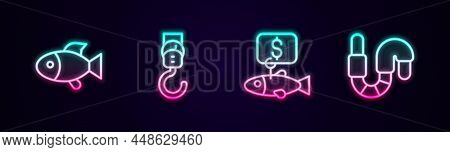 Set Line Fish, Spring Scale, Price Tag For Fish And Worm. Glowing Neon Icon. Vector