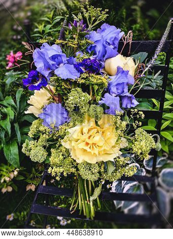Romantic Bouquet With Irises, Peonies, Hydrangea, Campanula, Veronica, Parsnips And Astilba. Summer 