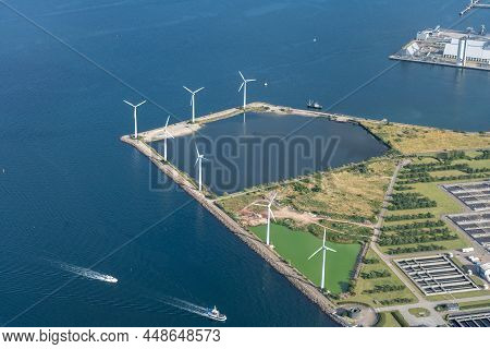Copenhagen, Denmark - August 21, 2021: Aerial View Of Lynettens Onshore Wind Power Park