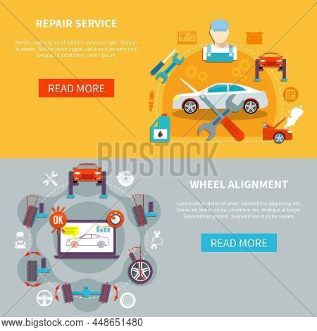 Auto Service Horizontal Banners With Repair Service And Wheel Alignment Decorative Icons Composition