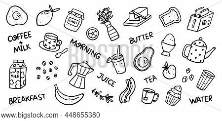 Morning Breakfast Related Doodles Such As Avocado, Toast, Egg, Coffee, Milk, Water, Honey, Butter. H