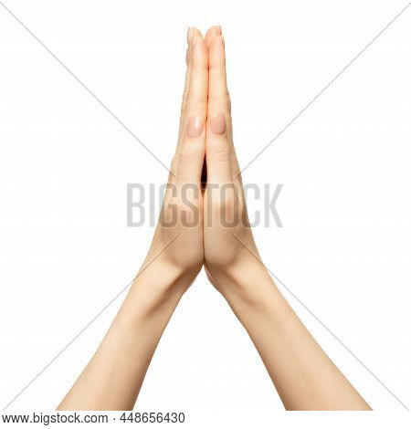Hands Folded In Namaste Prayer Isolated On White. Female Hands Pray Show Hope And Religion. Indian O