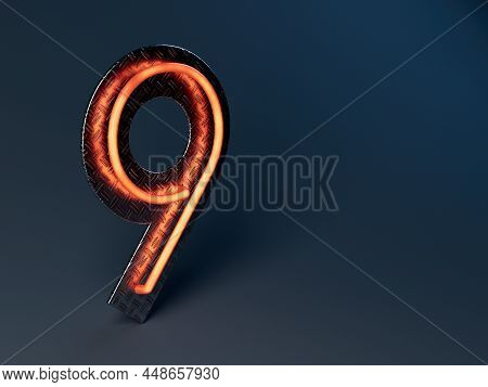 An Illuminated Orange Number Nine Mounted On A Shiny Metal Treadplate Backboard - 3d Render