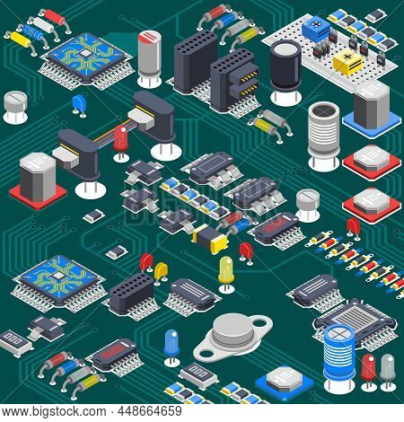 Semiconductor Electronic Circuit Board Isometric Background With Electrolytic Capacitors Processors 