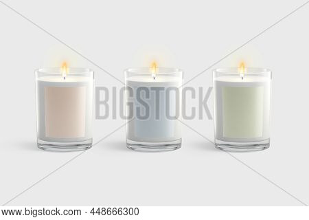Blank White Candle In Glass Jar With Colored Label Mockup, Gray Background, 3d Rendering. Empty Tran