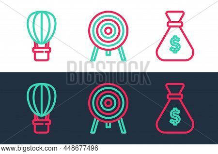 Set Line Money Bag, Hot Air Balloon And Target Icon. Vector