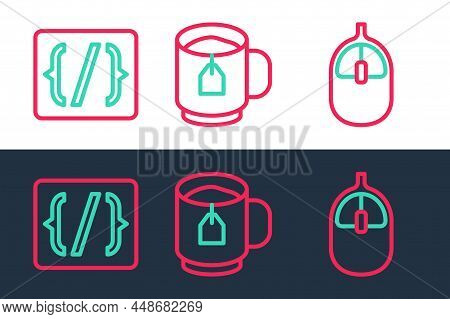 Set Line Computer Mouse, Programming Language Syntax And Cup Of Tea With Tea Bag Icon. Vector