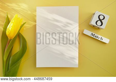 Feminine Post Card Mock Up With Shadows, Chocolate Hearts, Text 8 Of March With Yellow Tulip. Womens