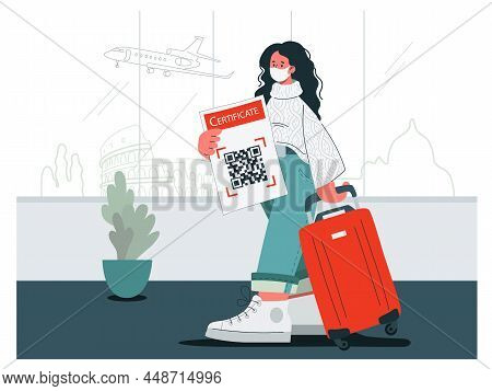 The Masked Traveler With Luggage Walking With The Qr Code At The Airport. 
Travel Concept Under The 