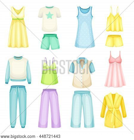 Sleepwear For Women. Pajamas, Nightgown, Bathrobe, Textile Night Clothes Cartoon Vector Illustration