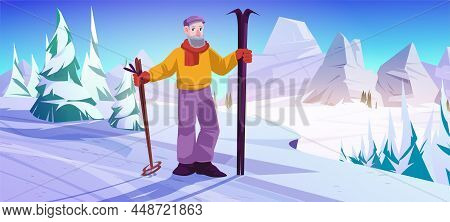 Elder Man With Ski And Sticks Stand On Snow Slope In Mountains. Vector Cartoon Illustration Of Winte