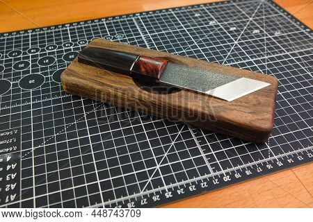 Exclusive Handmade Leather Craft Tools. Set Of Knife From Steel And Wood On Wooden Box.
