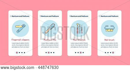 Cosmetology Onboarding Mobile App. Clappers, Pedicure File, Brushes, Nail Brush. Manicure And Pedicu