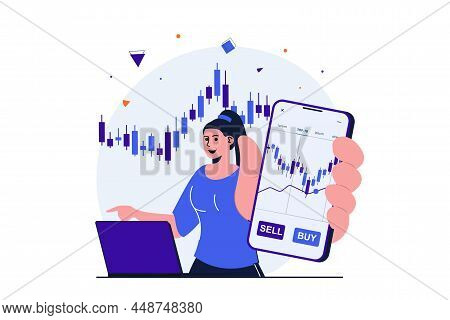 Stock Market Modern Flat Concept For Web Banner Design. Woman Buys Or Sells Securities On Stock Exch