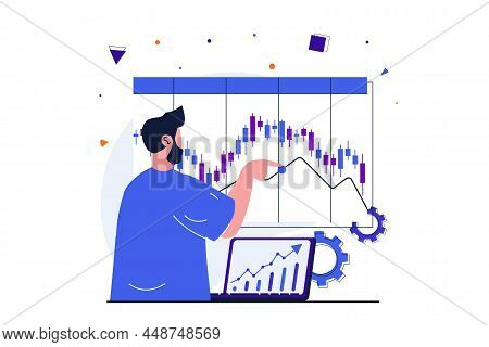 Stock Market Modern Flat Concept For Web Banner Design. Man Researching Statistics And Trends, Accou