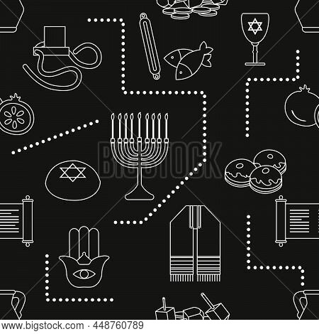 Vector Seamless Pattern Illustration Jewish Holiday Traditional Symbols Torah Scroll, Oil Jar, Pomeg