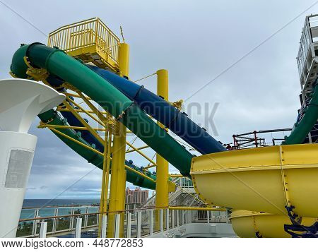 Orlando, Fl Usa-january 8, 2022:  The Family Pool Area With Water Slides On The Norwegian Cruise Lin