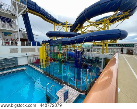 Orlando, Fl Usa-january 8, 2022:  The Family Pool Area With Water Slides On The Norwegian Cruise Lin