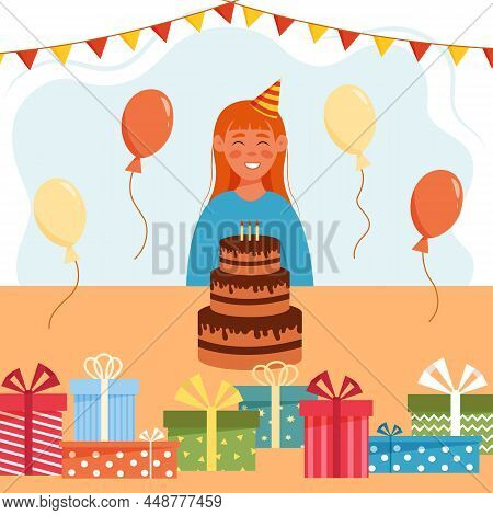 Happy Smiling Girl With Party Flags, Air Balloons, Gift Boxes And Big Birthday Cake. Vector Young Wo