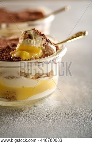 Tiramisu. Dessert With Cream For Breakfast. High Quality Photo