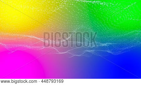 Abstract Digital Colorful Circle Of Wave Particle, On Bright Blue, Yellow, Pink And Green Background