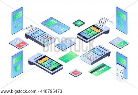 Contactless Payments Abstract Set. Colorful Stickers With Cashless Payment Terminals, Nfs Credit Car