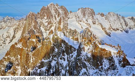 Aerial Landscape Of Mountain Chamonix At Sunset, Observation Deck 3842 Meters, Mont Blanc, Point Of 