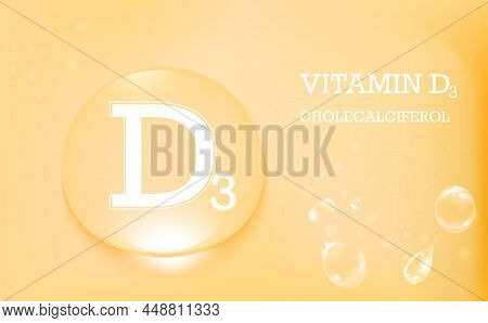 Vitamin D3, Cholecalciferol, Water Drops On An Orange Medical Background. Skin Care And Children Up 