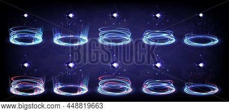 Sci-fi High-technology Stage Collection In Glowing Hud. Hologram Portal Swirl Light Of Science Futur